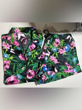 Victoria's Secret Moody Floral Satin PJ’S with Pink & Green Print
